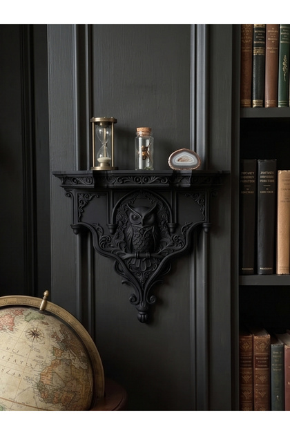 Dekoratif Siyah Baykuş Duvar Rafı - Estetik Ev Hediyesi - Gothic Guardian Owl Wall Shelf
