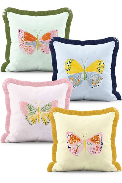 Colorful Butterfly Patterned Pastel Tones 4-Piece Fringed Throw Pillow Cover Set