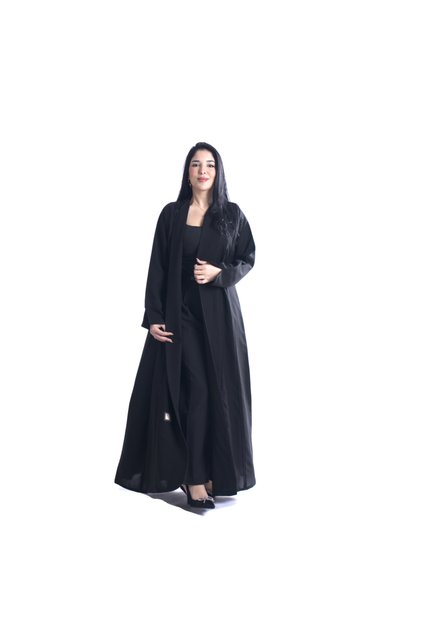 عباية بقماش كريب كتان منمت مدموجه ببنسات بنفسجية - أسود - ٥٤