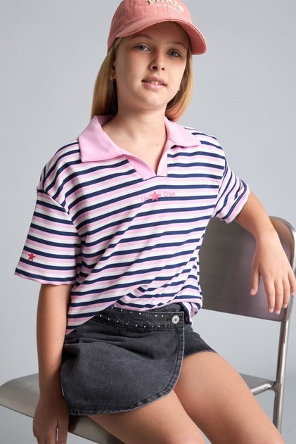 School Striped Short-Sleeved Polo T-Shirt Girls H8780A826Au
