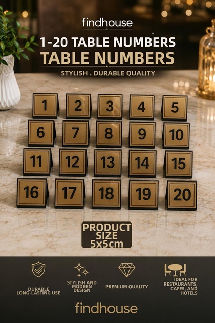 Gold Look Table Numbered Numberer from 1 to 20 for Cafe, Restaurant, Hotel, Boutique Hotel