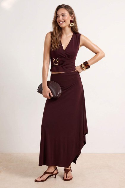 Brown Accessory Detailed Knitted Party Two-Piece Set - Top and Bottom Tprss26Au00005