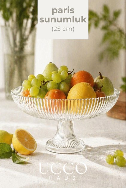 Paris Pinterest Footed Glass Bowl – Fruit Dessert Serving Plate Stylish Salad Bowl Tableware Kitchen - 25 cm