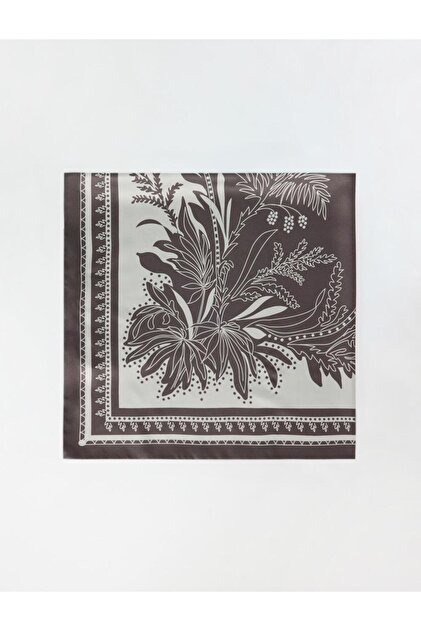 Khaki Floral Patterned Woven Scarf 70X70