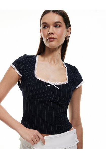 Lace Detailed Striped Short Sleeve Slim Fit Blouse