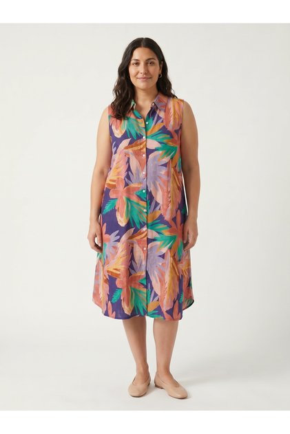 Women's Plus Size Midi Dress Shirt Collar Buttoned Viscose Floral Pattern Sleeveless