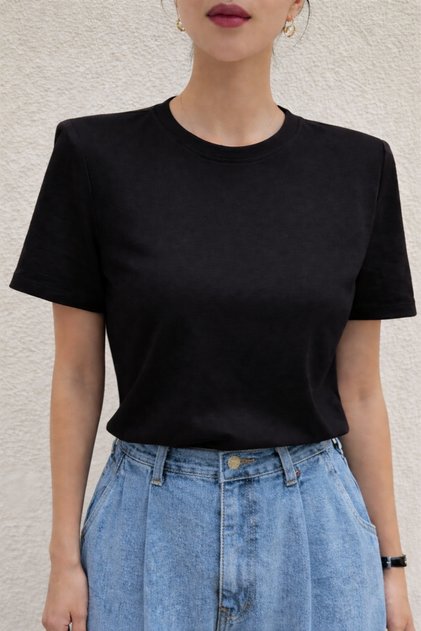 Kadın Vatkalı Bisiklet Yaka Viskon Kumaş T-Shirt