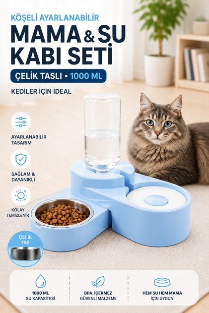 Köşeli Ayarlanabilir Hazneli Çelik Taslı Kedi-köpek Mama Ve Su Kabı Seti 1000ml