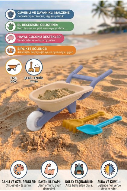 Educational Garden and Sand Toy Set - Toy Wheelbarrow, Shovel and Rake 3-Piece Set