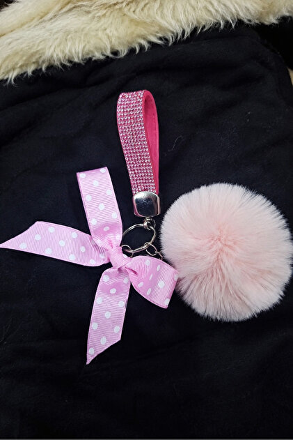 Stoned Keychain Pink Large Pompom and Ribbon Set Bekaks