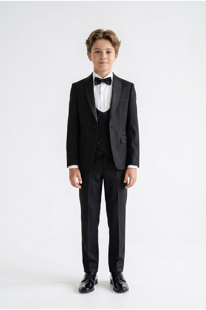 Boy's Black Color Tuxedo Suit with Vest Black Satin Collar Detail