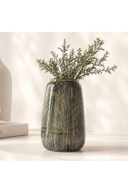 Kazuki Stoneware Fern Etched Vase 16.5x16.5x25.5cm - Green