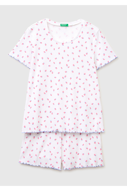 Set de pijamale pentru femei, alb, 100% bumbac, cu volane și model