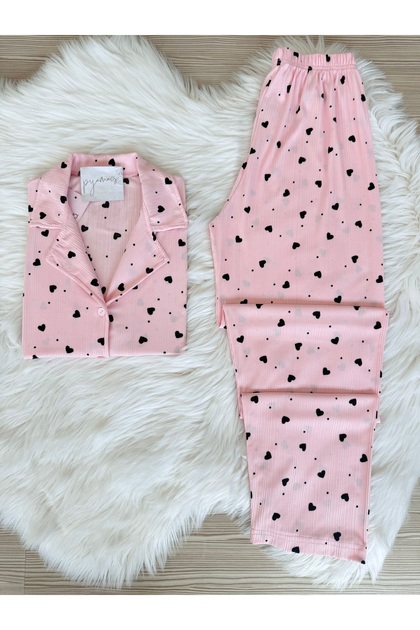Light Pink Mini Heart Patterned Short Sleeve Pegasus Pajama Set