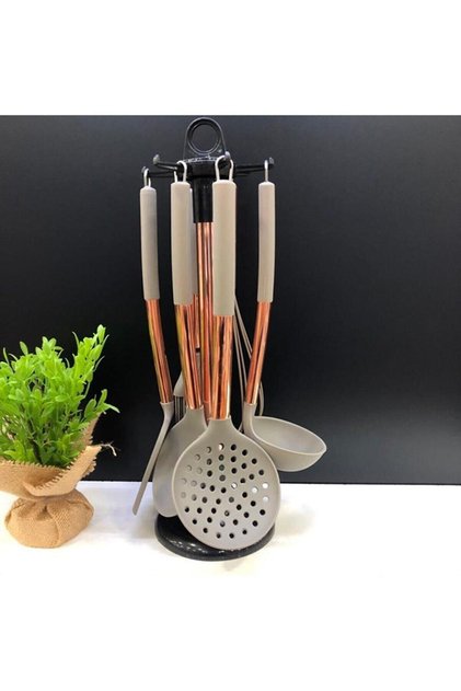 7 Piece Silicone Serving Set Metal Handle Ladle, Colander, Spoon Smoked