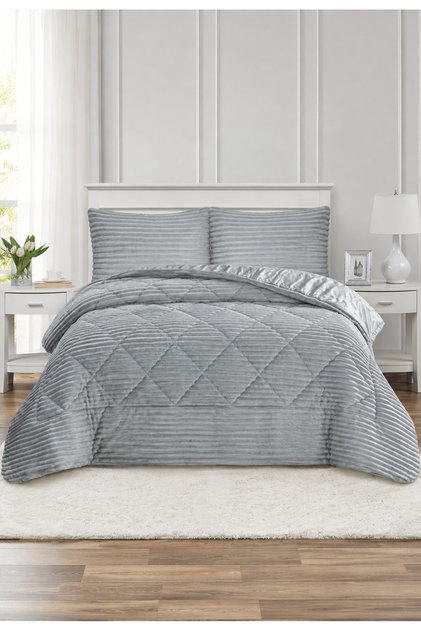Destina Double Bedspread Set 220X240Cm - Padded Quilted Flannel Fabric - Gray with 2 Pillowcases
