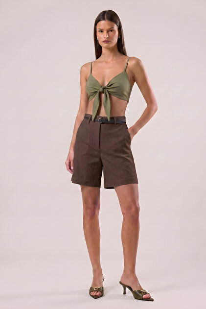 Shorts Women's Brown Pocketed Belted Viscose Short Loose Comfortable Mom Fit Barrel Wide Leg Summer Shorts