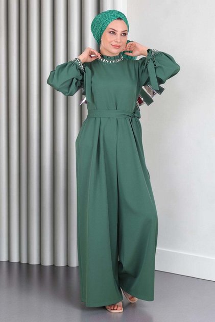 Pearl Detailed Jumpsuit Dress Emerald 19152