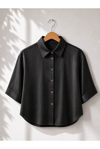 Satin Look Retro Model Loose Short Sleeve Shirt for Women Shiny Black