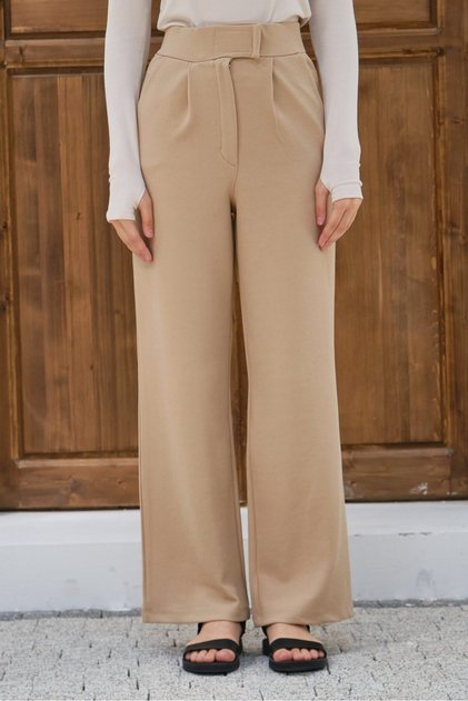 Mink Women's High Waist Pleated Fabric Trousers Wide Leg Loose Fit Stylish Office Pants
