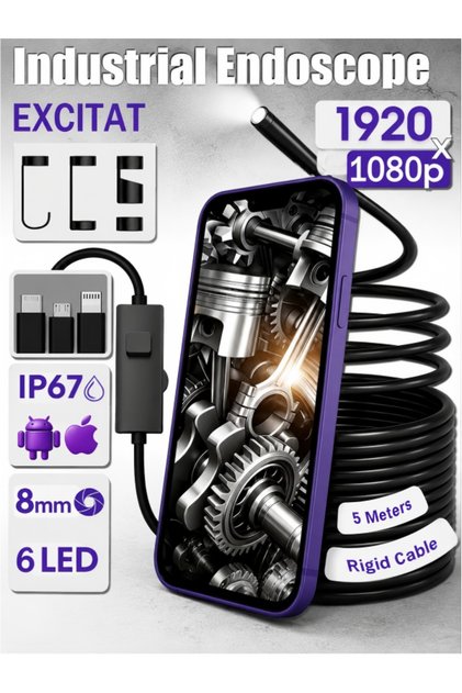 Endoscop Industrial Profesional Excitat®, 8 LED-uri reglabile, Camera Foto/Video 1920x1080P HD, Conectare Telefon Android/IOS, Cablu Dur 5m, Lentila 8mm, 6 Accesorii Incluse, Negru