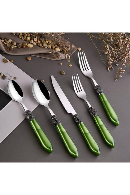 30 Piece Fortuna Fork Spoon Knife Set Green Silver