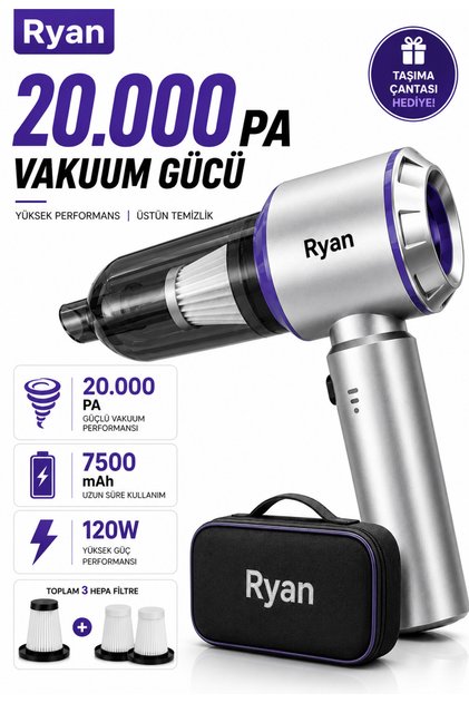 Araç İçi Süpürge Kablosuz Şarjlı El Süpürgesi 20.000Pa Gerçek Emiş Gücü 120W Güç 7500mAh