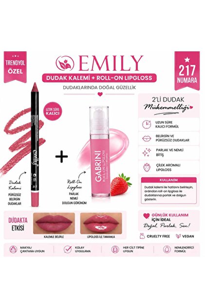 EMILY Lip Pencil Dudak Kalemi 217 + Gabrini Roll-On Lipgloss