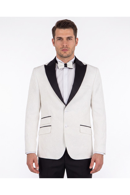 Premium Jacquard White Tuxedo Jacket - Black Satin Detail & Bow Tie Set