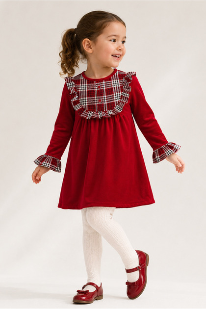 Girl's Long Sleeve Red Velvet Dress
