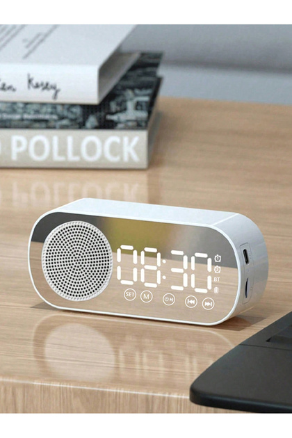 WHITE Bluetooth Speaker, Mirror-Faced Clock Alarm Clock Smart Speaker, Bass-Heavy FM Card Insertable
