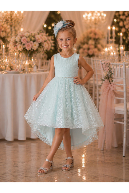 Girl's Mint Green Color Short Evening Dress with Tail