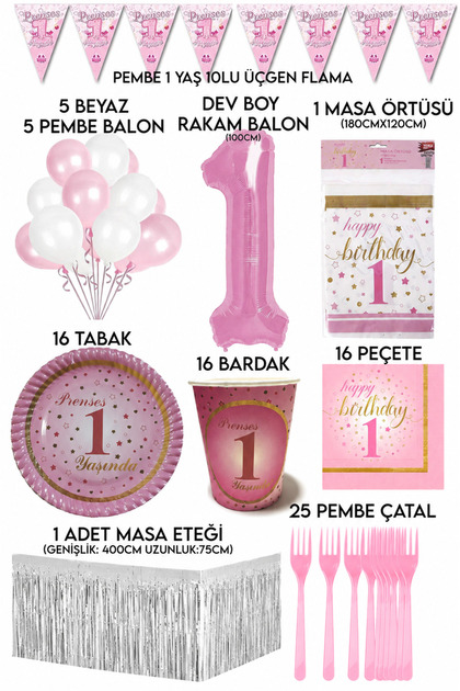 1 Year Old Girl Birthday Party Set for 16 People with Pink Numbers and White Balloons (plates, glasses, napkins etc.)