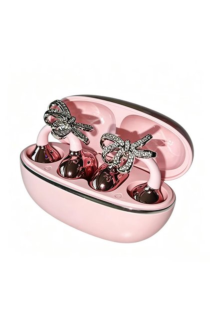 DM08hudiejie-Pink Shiny Crystal Bowknot OWS Clip Earbuds TWS Wireless Bluetooth 5.4 Low Latency Spor
