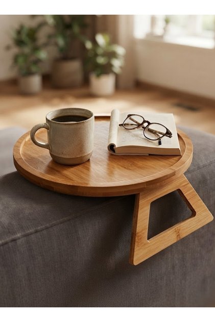 A foldable side table with double armrests and a wide surface; stable and sturdy for the sofa.