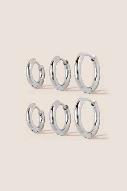 Silver Color Steel 8-10-12 mm 6-Piece Hoop Earrings 2.50 mm