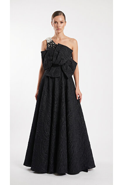 One-Shoulder Bow Detail Jacquard Evening Dress Black
