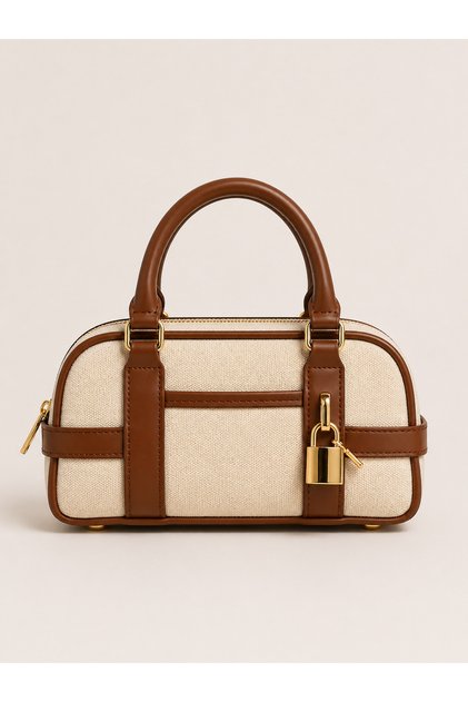 Tan Women's Mini Hand & Shoulder Bag – Canvas Textured, Stylish Lock Detail, Daily and Special Use