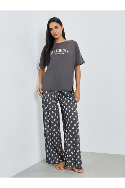 Teddy Slogan Drop Shoulder Side Split T-Shirt and Pyjama Set