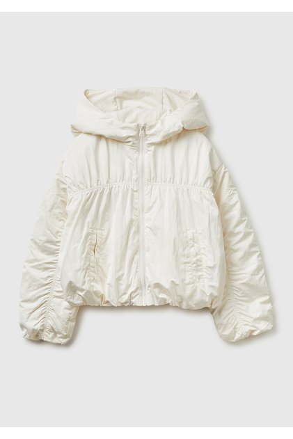 Girl's Ecru Hooded Quilted Jacket with Embroidered Logo on the Back