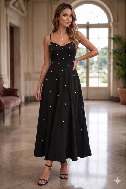 New Season Women's Rope Strap V-Neck Pearl Detailed Long Janjan Crepe Graduation Dress