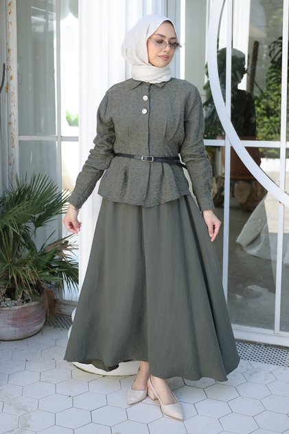 Khaki Patterned Modal Shirt and Skirt Set