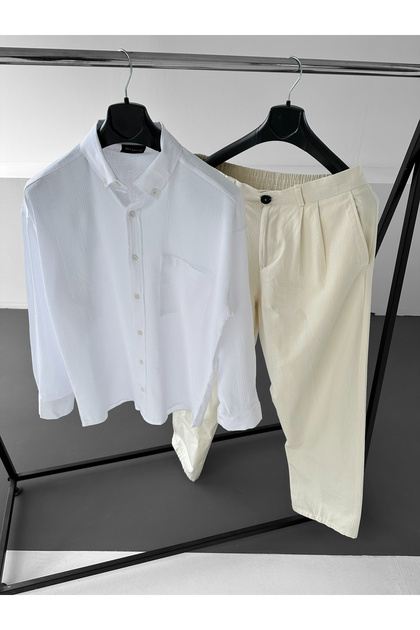 Cămașă albă din in și pantaloni largi crem G, set supradimensionat