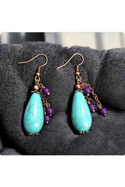 Blue Purple Authentic Crimped Turquoise Stone Handmade Earrings