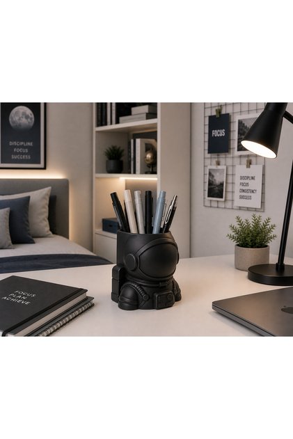 Astronaut Pen Holder Black - Desktop Organizer 10X9X10 cm