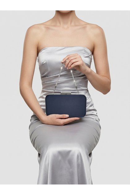 Navy Blue Color Z.A.R.A. Satin Crystal Stone Embroidered Chain Women's Evening Dress Bag Wedding Engagement Graduation