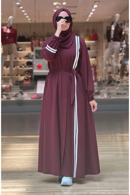 Women's Hijab Dress with Scarf Medina Silk Stylish Long Dress N-05212 _ Burgundy