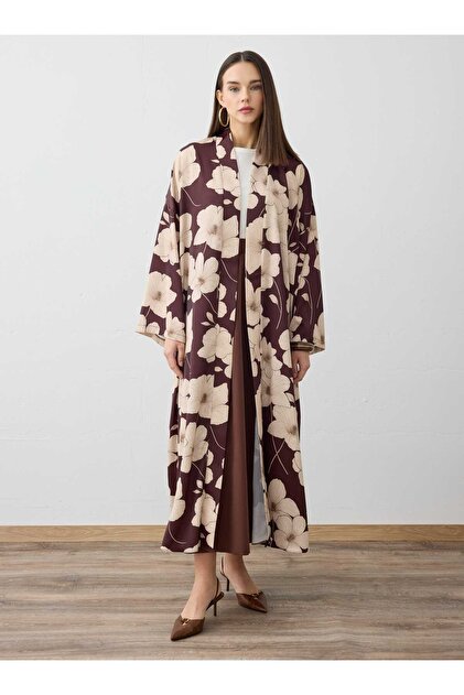 Brown Large Floral Patterned Kimono - - Exclusive
