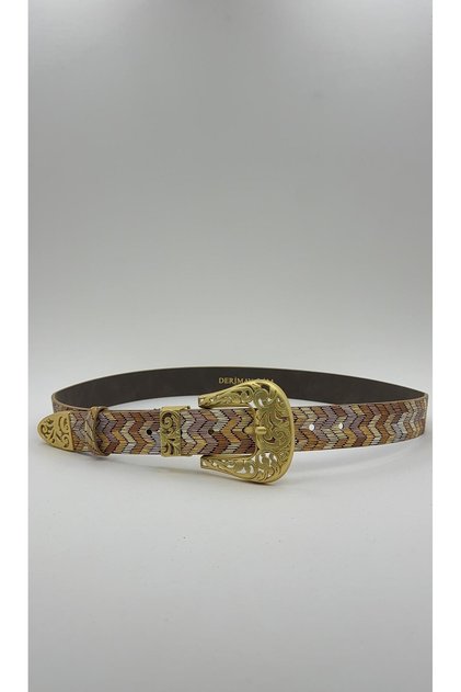 Women's Ethnic Patterned 3 cm Matte Gold Buckle Stylish Pu Leather Belt Suitable for Trousers, Jackets, and Dresses