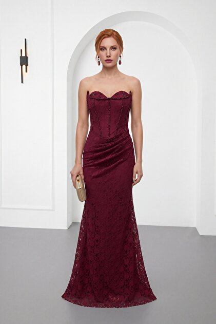 Lafaba Women's Burgundy Strapless Neckline Stoned Long Lace Evening Dress-  Trendyol